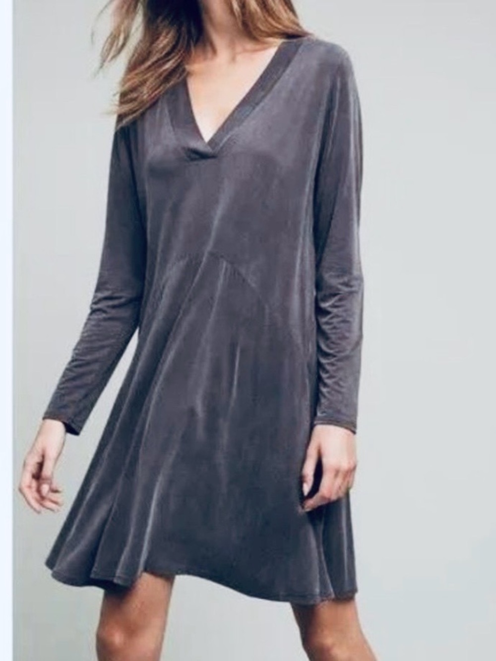 Anthropologie Dolan Charcoal V-Neck Long Sleeve Swing Dress, Medium